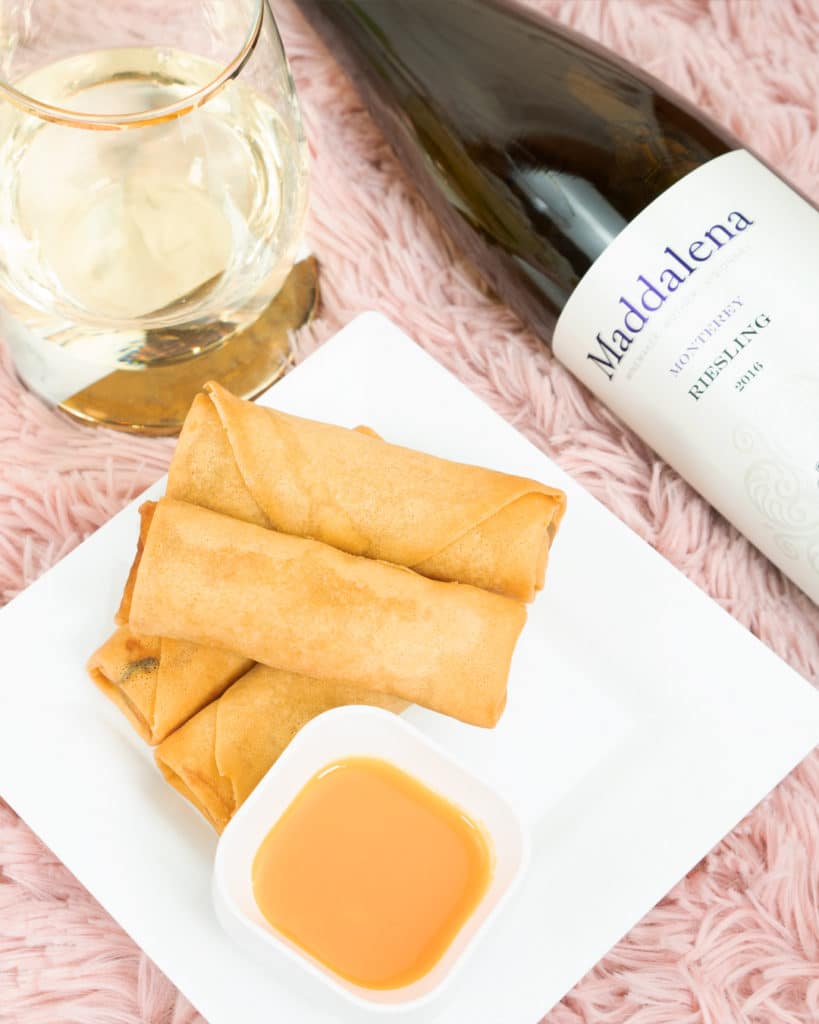 spring rolls and dip with wine