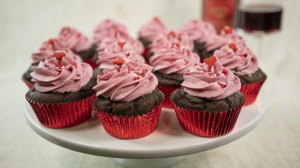 chocolate cupcakes with pink frosting